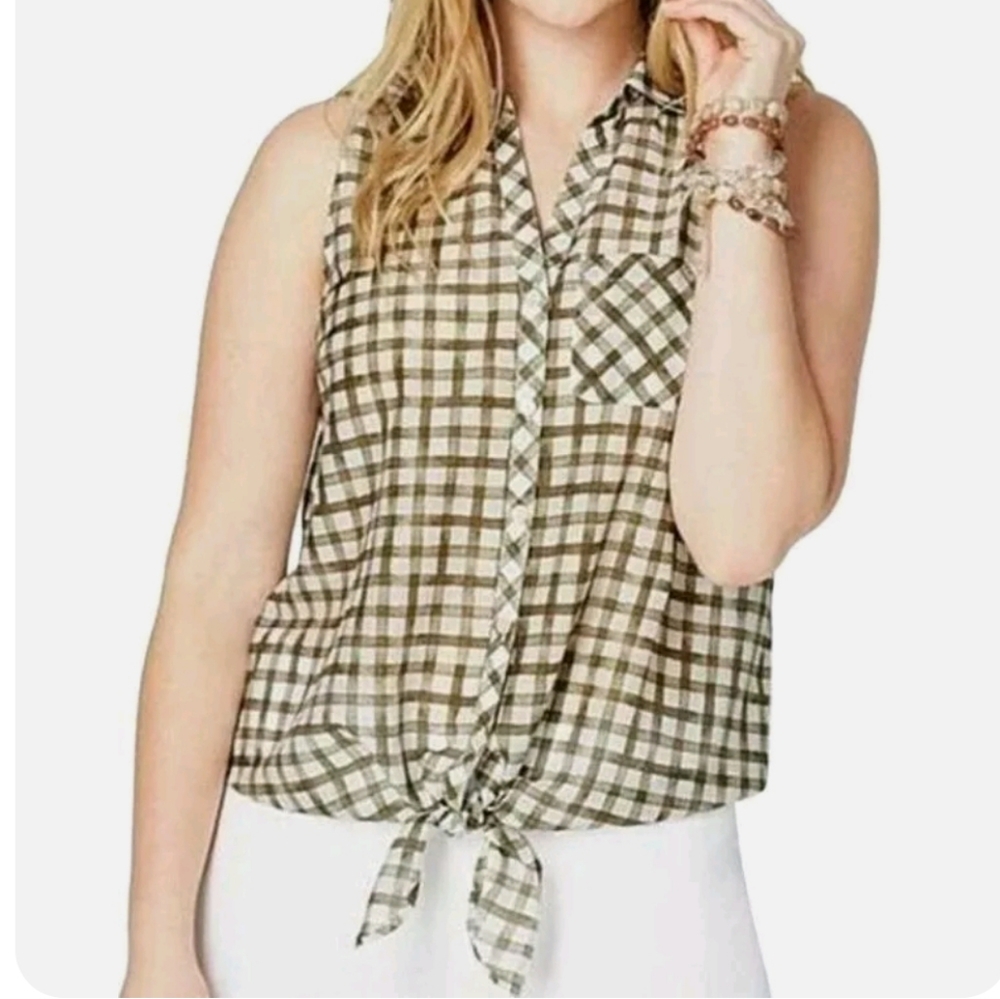 J.JILL Button Tie Front Blouse Silk Cotton Sleeveless Windowpane Plaid Green